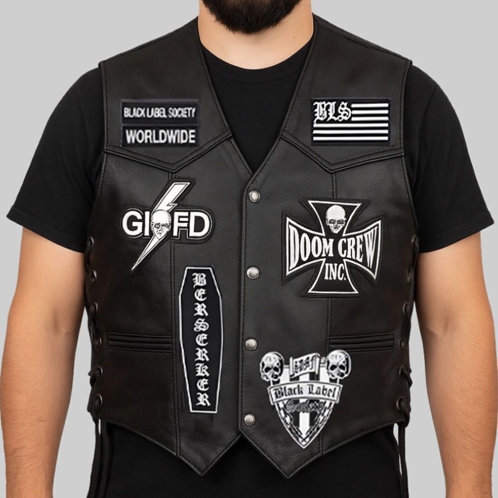 White Burraq Black Label Society Leather Biker Vest, Skull Patches. M. NWT!